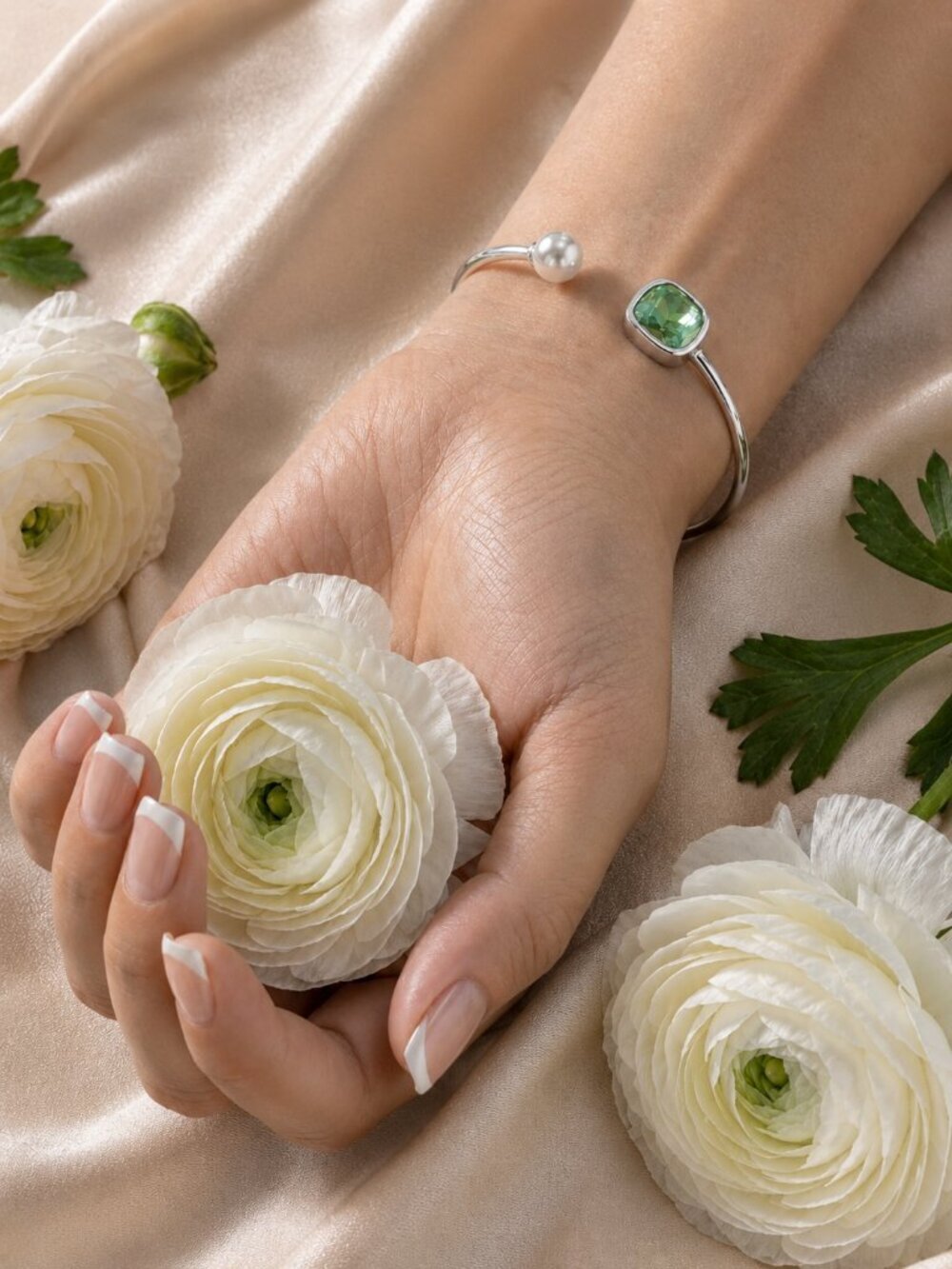Green Crystal Pearl 18K White Gold Plated Stainless Steel Cuff Bracelet Set